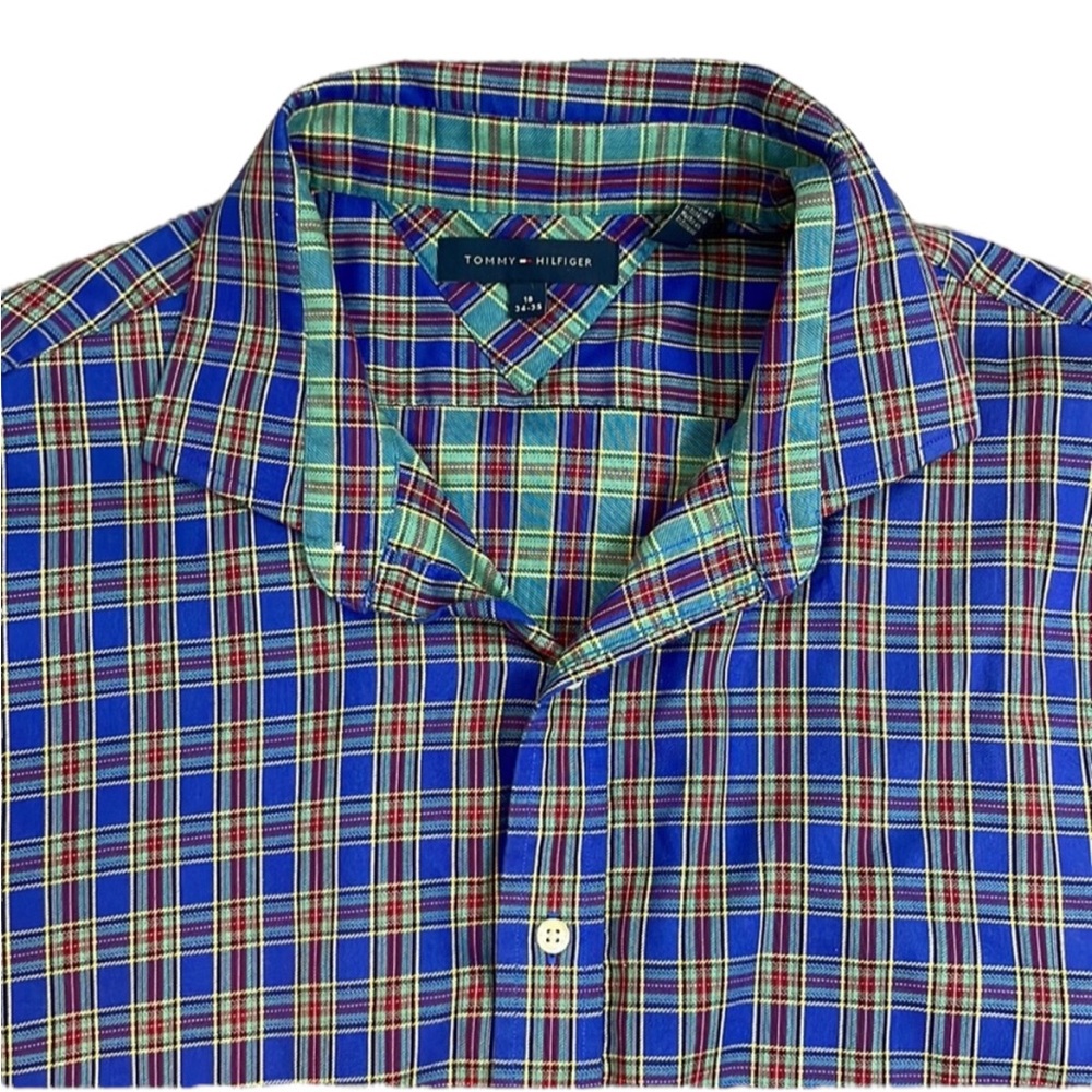 Tommy Hilfiger Plaid Button Down Blue Green Red Shirt Size 18 34-35